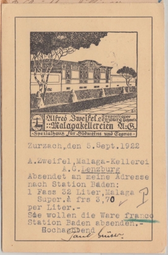 Schweiz - Lenzburg Aargau Malagakellerei Zweifel sw-Firmen-AK gelaufen 1922