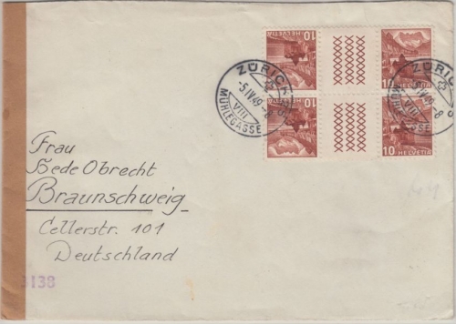 Schweiz - Landschaften Zusammendruck 2x KZ13 Zensurbrief Zürich 1949 n.
