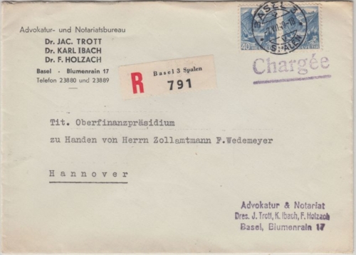 Schweiz - 2x40 Rp Landschaften Einschreibebrief Basel - Hannover 1949