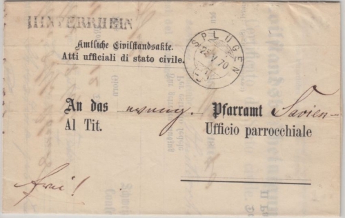 Schweiz - Hinterrhein L1 portofreier Dienstbrief Splugen - Safvien 1870