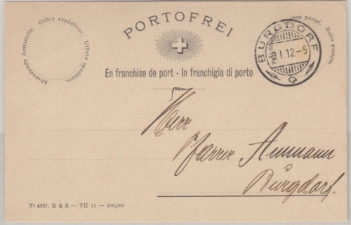 Schweiz - Burgdorf 1912 portofreie Ortskarte Postsache