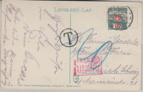 Schweiz - 10 Rp. Portomarke unfrank. Karte aus Nyíregyháza UNGARN n. Zürich 1915