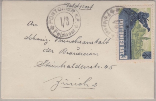 Schweiz - Pontonier Bat. 3 Grenzbesetzung 1939 Vignette Feldpostbrief n. Zürich