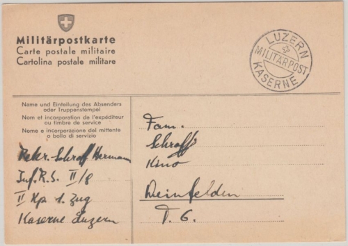 Schweiz - Luzern Kaserne Militärpost Postkarte n. Rheinfelden 1944