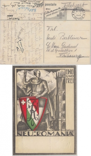 Schweiz - Fribourg 1948 Feldpostkarte Studentenkarte Neu-Romania Eing und Frei