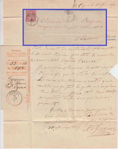 Schweiz - 10 C. sitz. Helvetia Brief Gimel - Lausanne 1871 - mit Inhalt !