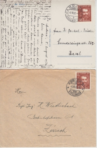 Schweiz - 10 Rp. Gotthard-Bahn 1x Fernkarte Andeer, 1x Ortsbrief Zürich 1932