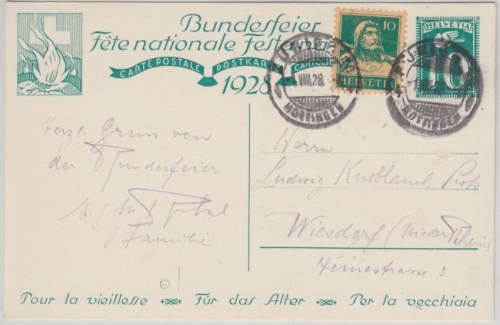 Schweiz - Bundesfeier 1928 Sonderganzsache + Zusatz Zürich - Wiesdorf 1.8.28