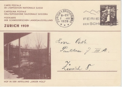 Schweiz - 10 Rp. Armbrust Ganzsache Landesausstellung Ortskarte Zürich 1939