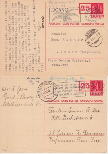 Schweiz - 25 a. 20 Rp. Ganzsache 2 Stück Basel/Lugano - Jarmen 1949