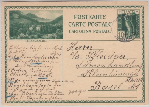 Schweiz - 10 Rp. Bildganzsache gez. Langebruck - Luzern - Basel 1932