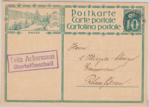 Schweiz - 10 Rp. Bildganzsache gez. Davos - Oberhelfenschwil - Rheinfelden 1930