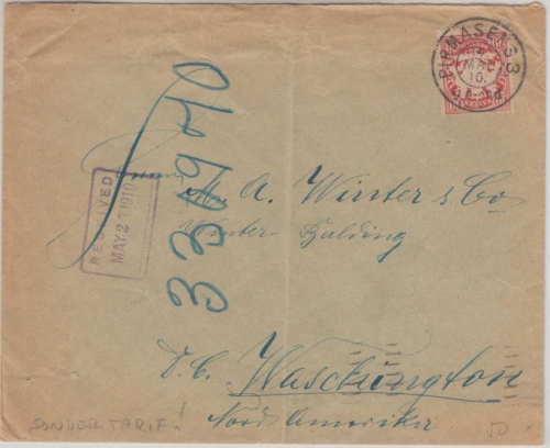 Bayern - 10 Pfg. Wappen Brief n. USA Direkter Weg Sonderporto Pirmasens 1910 n.