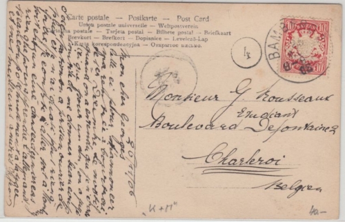Bayern - 10 Pfg Wappen Perfin K&M Karte n. BELGIEN Bamberg - Charleroi 1906