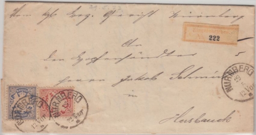 Bayern - 10+20 Pfg Wappen weite Welle Einschreibebrief Nürnberg - Hersbruck 1877