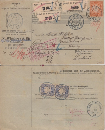 Bayern - 2 M. + 2x20 Pfg Wappen Paketkarte (3 Pkte.) i.d. SCHWEIZ Fürth 3 - 1902