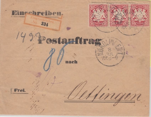 Bayern - 10 Pfg. Wappen weite Welle 3er-Streifen Postauftrag Nördlingen ca. 1878