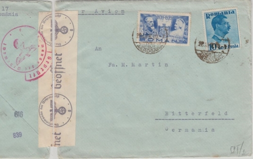 Rumänien - 15 L. 100. Geb. König Karl u.a. Luftpost Zensurbrief Bukarest 1940
