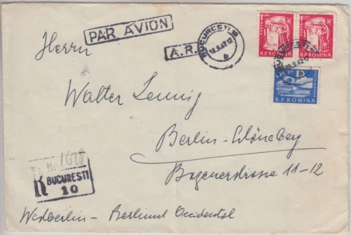 Rumänien - 3,20+2x1 L. Freimarken Luftpost Einschreiben Rückschein Bukarest 1962