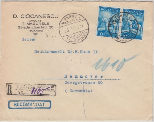 Rumänien - 2x10 L. König Karl zu Pferde Einschreibebrief Turnu Magurele 1934 n.