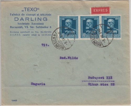 Rumänien - 3x12 L. 100. Geb. König Karl Expressbrief n. UNGARN Bukarest 1940
