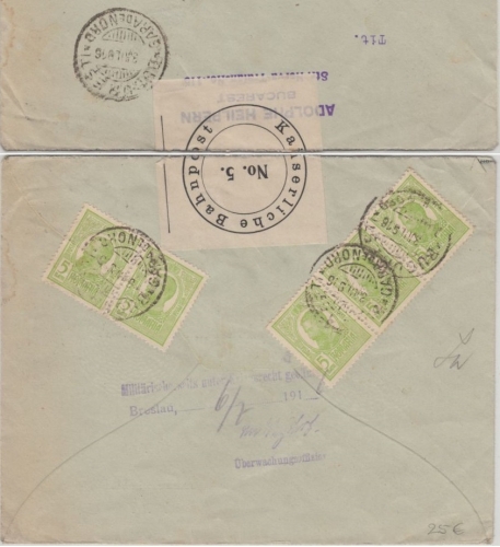 Rumänien - 5x5 B. König Karl Zensurbrief Bukarest - Fraureuth 1916