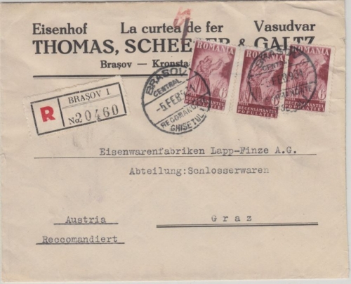 Rumänien - 3x6 L. Volkszählung Einschreibebrief n. ÖSTERREICH Brasov - Graz 1931
