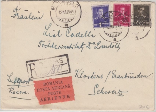Rumänien - 50 L. u.a. König Michael Luftpost Einschreibebrief i.d. SCHWEIZ 1941