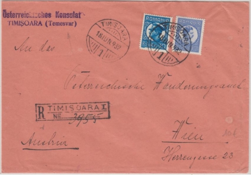 Rumänien - 7,50+10L. König Karl Einschreibebrief n. ÖSTERREICH Timisoara 1932