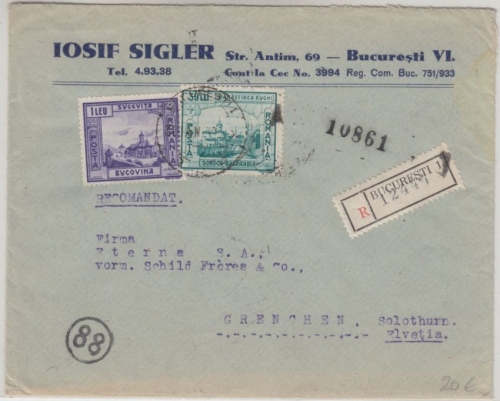 Rumänien - 39 L. Kloster Rughi u.a. Einschreibebrief i.d. SCHWEIZ Bukarest 1942
