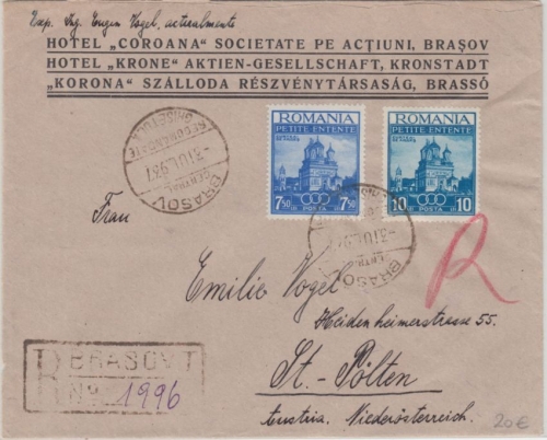 Rumänien - 10+7,50 L. Kleine Entente Einschreibebrief n. ÖSTERREICH Brasov 1937