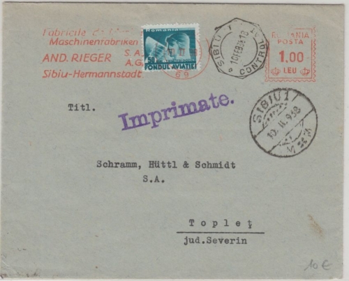 Rumänien - Freistempel/Zwangszuschlag Mischfrankatur Drucksache Sibiu 1938
