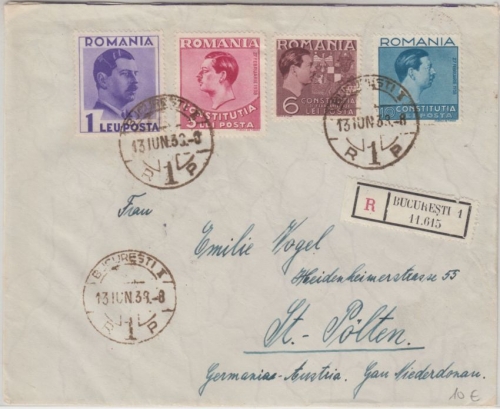 Rumänien - Verfassung Satz u.a. Einschreibebrief n. ÖSTERREICH Bukarest 1938