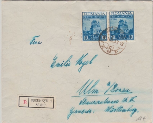 Rumänien - 2x10 L. Kleine Entente Einschreibebrief Bukarest - Ulm 1937