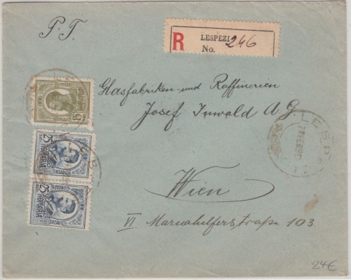 Rumänien - 2x25+15 L. König Karl Einschreibebrief n. ÖSTERREICH Lespezi 1910 n.