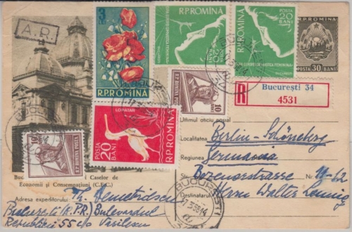 Rumänien 30 B. Bildganzsache+Zusatz Einschreibekarte m. Rückschein Bukarest 1958