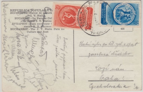 Rumänien - 20+55 B. Weltfestspiele Jugend Karte n. CSSR SST Bukarest - Prag 1953