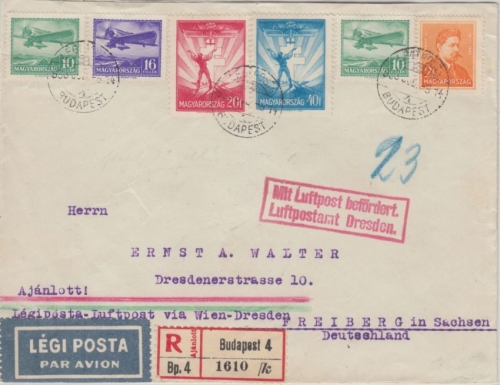 Ungarn - 40 f. Flugpostmarke u.a. Luftpost Einschreibebrief Budapest 1933 n.