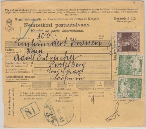 Ungarn/Rumänien - 20 f. Karl u.a. Postanwesiung Temesvar - Postelberg 1919