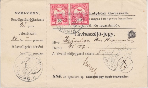 Ungarn/Rumänien - 2x10f. Turul Telefonquittung Kiskomlos Comloșu Mic Ostern 1913