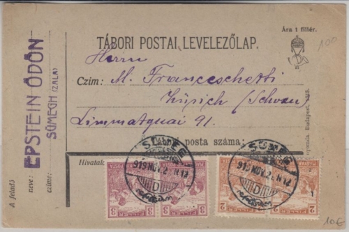 Ungarn/Rumänien - 2+3 f. Schnitte je Paar Karte i.d. SCHWEIZ Sümeg - Zürich 1919