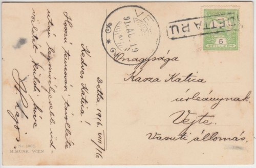 Ungarn/Rumänien - Detta P.U. Ra1 Karte 5 f. Turul n. Vejte 1916