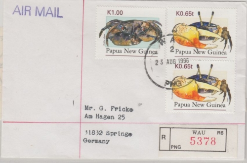 Papua New Guinea - Wau 23.8.96 Luftpost Einschreibebrief Krabben