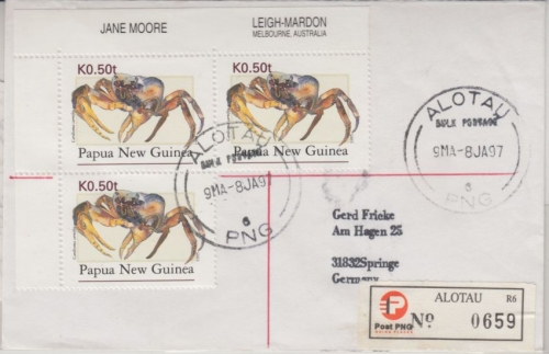 Papua New Guinea - Alotau 8.1.97 Einschreibebrief 3x0,50t Krabben