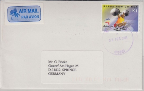Papua New Guinea - K1 Gewichtheber Olympiade Sydney Luftpostbrief Madang 2001