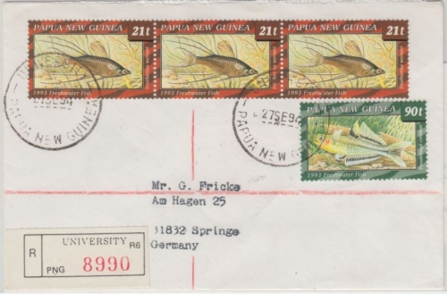 Papua New Guinea - University 27.9.94 Einschreibebrief Freshwater Fish