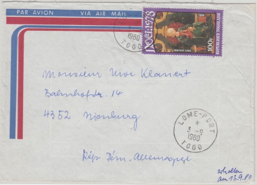 Togo - 100 Fr. Weihnachten Noel 1978 Luftpostbrief Lome - Nienburg 1980