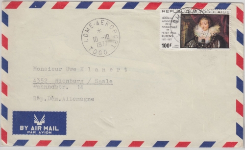 Togo - 100 F. 400. Geb. Rubens Luftpostbrief Lome - Nienburg 1977