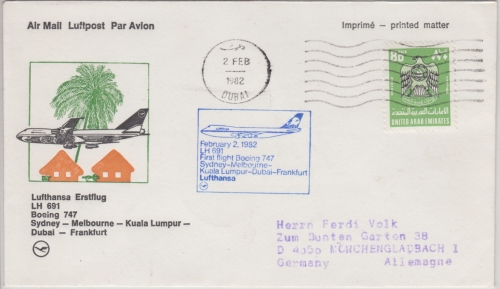 UAR - Lufthansa Erstflug Sydney - FFM, Etappe Dubai - FFM 1982