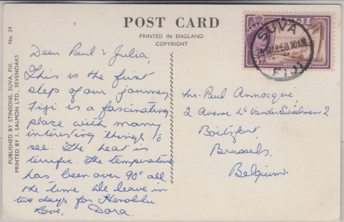 Fiji - 3 P. Landschaften Karte n. BELGIEN Suva - Brüssel 1958